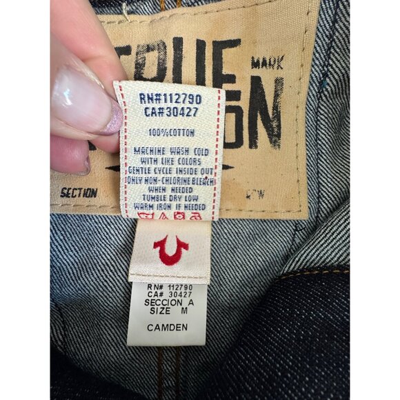 True Religion Womens M Denim CollarJacket Camden Blue Accent Embroidered - Picture 9 of 16